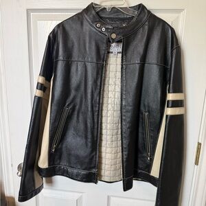 Wilsons Leather Black M Julian Cafe Racer Biker Jacket with Cream Stripes